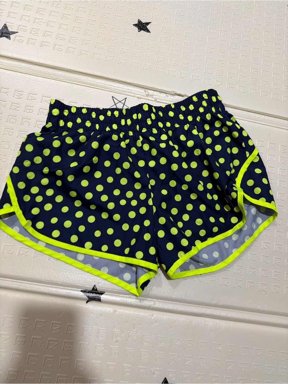 Danskin Navy Athletic Shorts with Neon Yellow Polka Dots